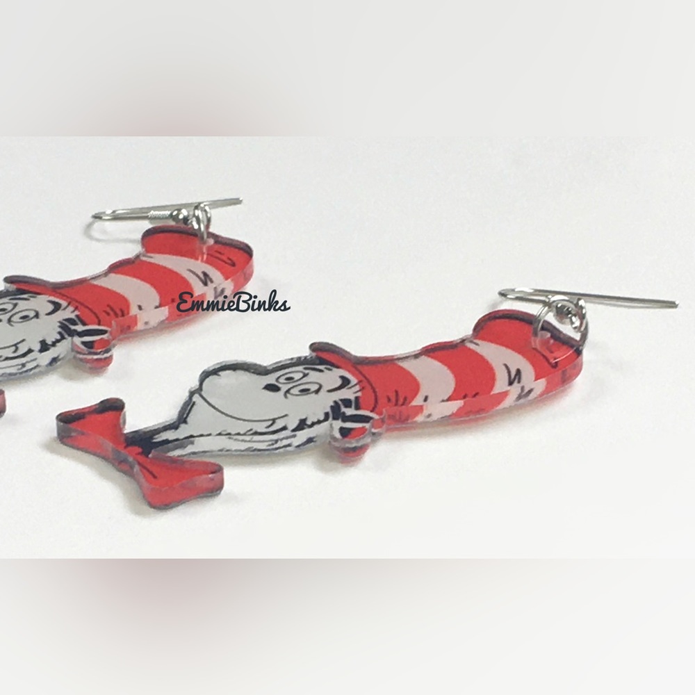 ✨3for$38 New Cat In The Hat Dr. Seuss Illustrated Character Dangle Earrings - Picture 4 of 11